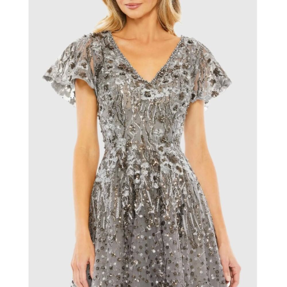 Mac Duggal Embellished Butterfly Fit Flare Tea-Length Dress Gray 20392 Sz 10 NWT - Picture 3 of 16